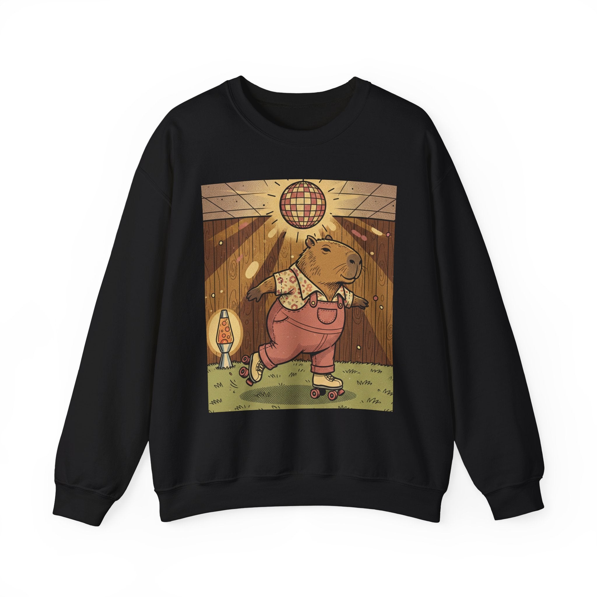 1970s Retro Capybara Roller Skating Crewneck – Vintage Disco Basement Graphic Tee