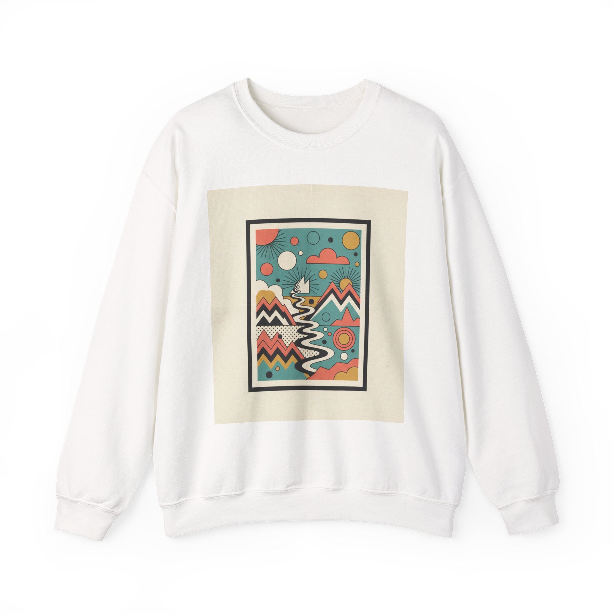 Abstract Mountain Art Sweatshirt — Colorful Retro Landscape Crewneck