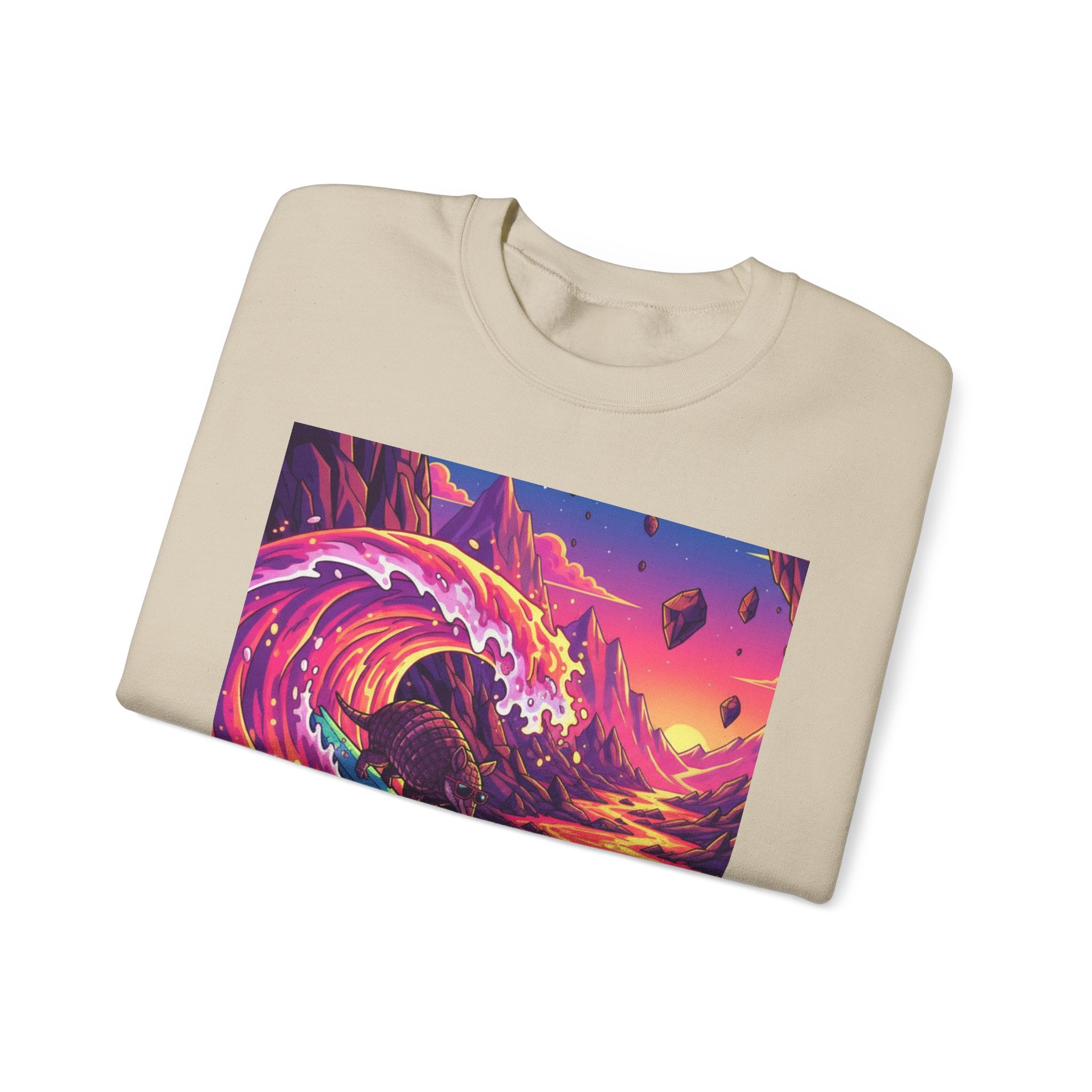 Armadillo Family Surfing Neon Lava Crewneck Sweatshirt – 80s Low-Poly Sci-Fi Illustration