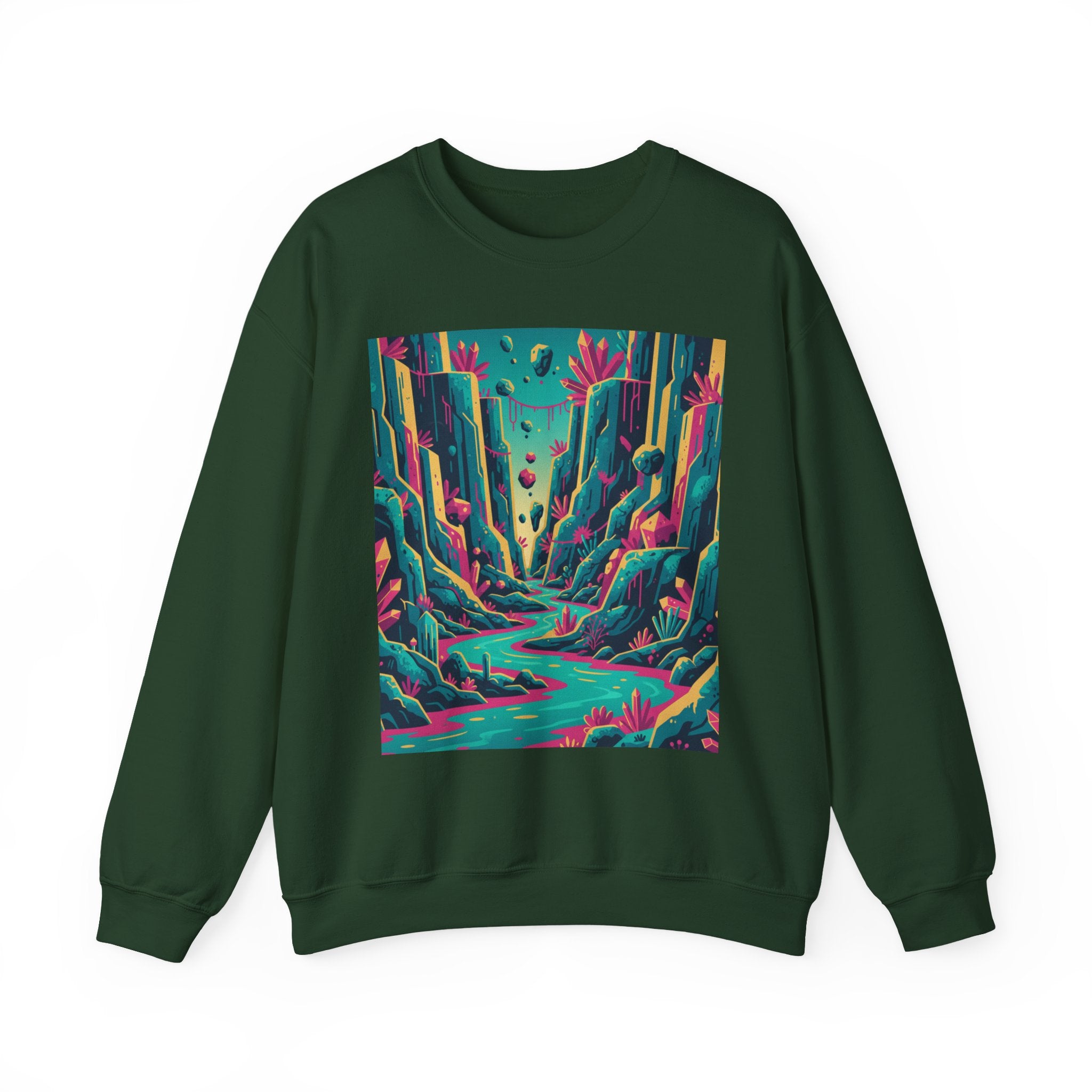 Alien Canyon River Crewneck — Surreal Glowing Cliffs and Neon Water