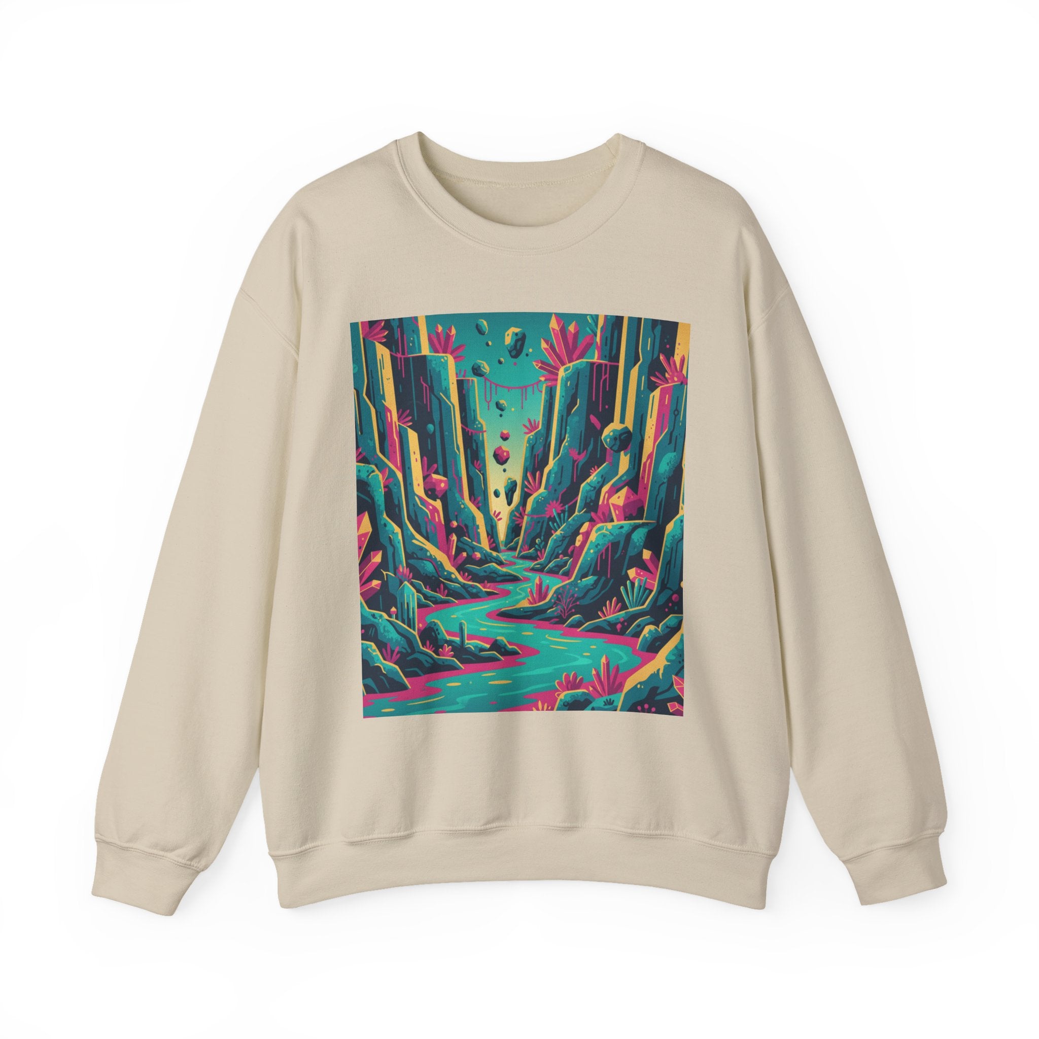 Alien Canyon River Crewneck — Surreal Glowing Cliffs and Neon Water