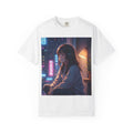 Anime Nightscape T-Shirt — Reflective Girl in Neon City Graphic Tee