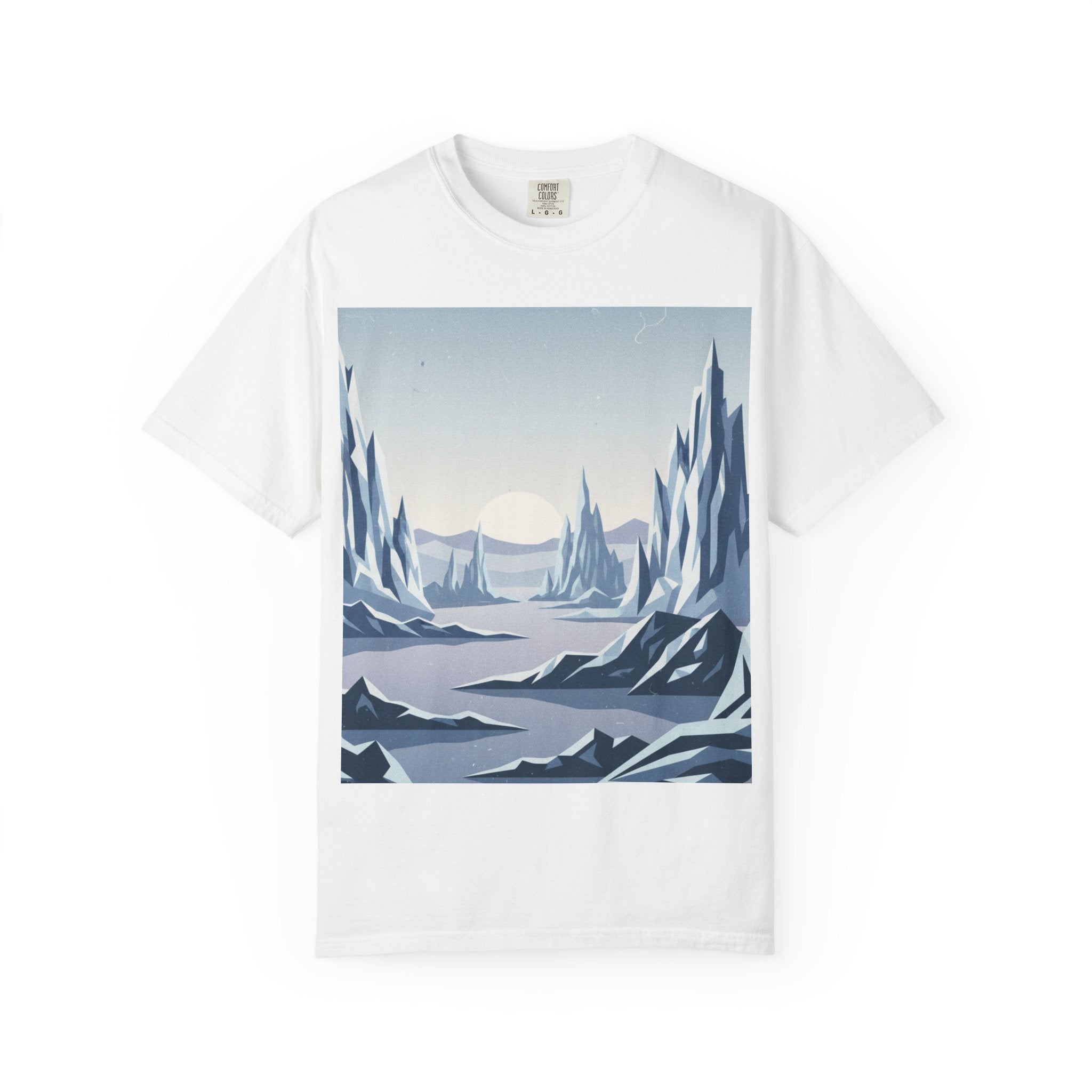 Arctic Sunrise Landscape T-Shirt — Minimal Mountain & Frozen Lake Graphic Tee