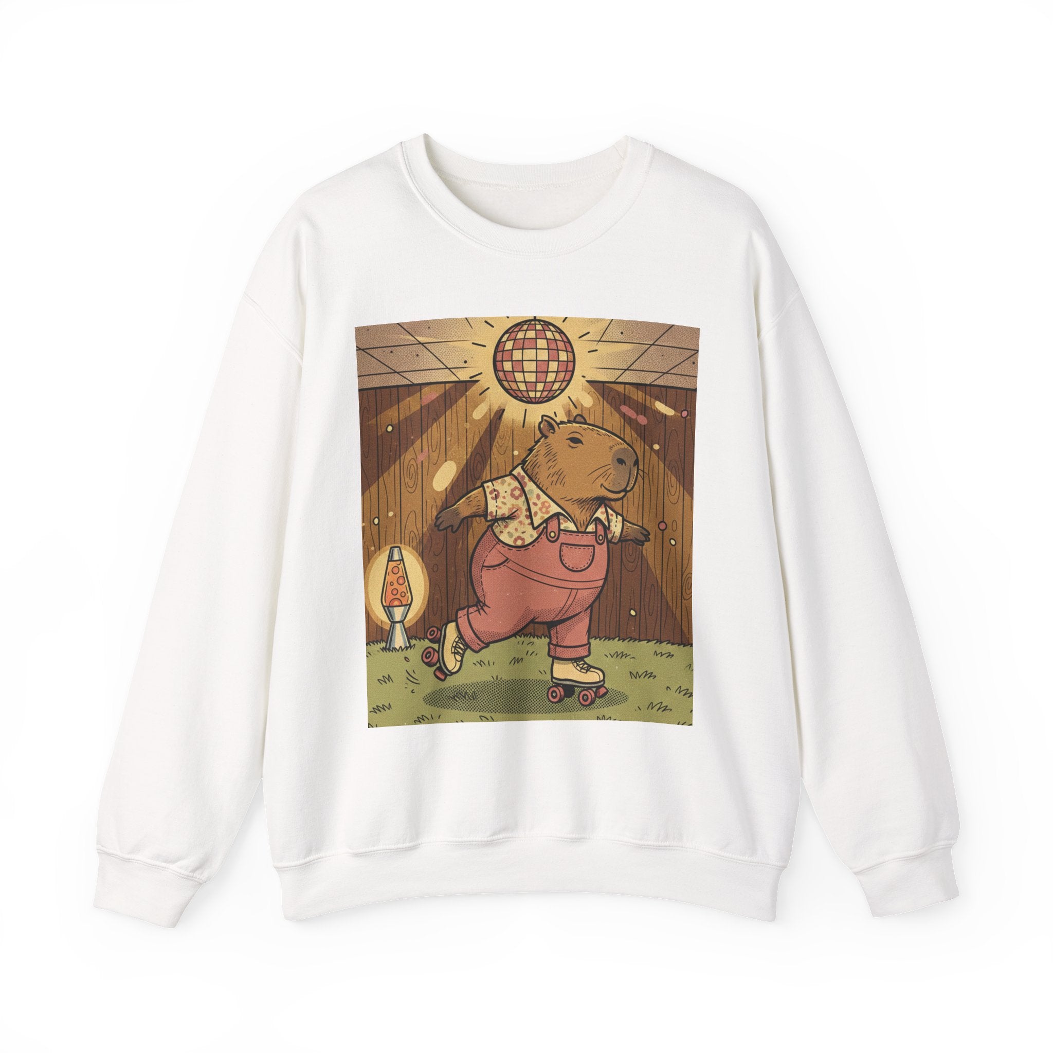 1970s Retro Capybara Roller Skating Crewneck – Vintage Disco Basement Graphic Tee