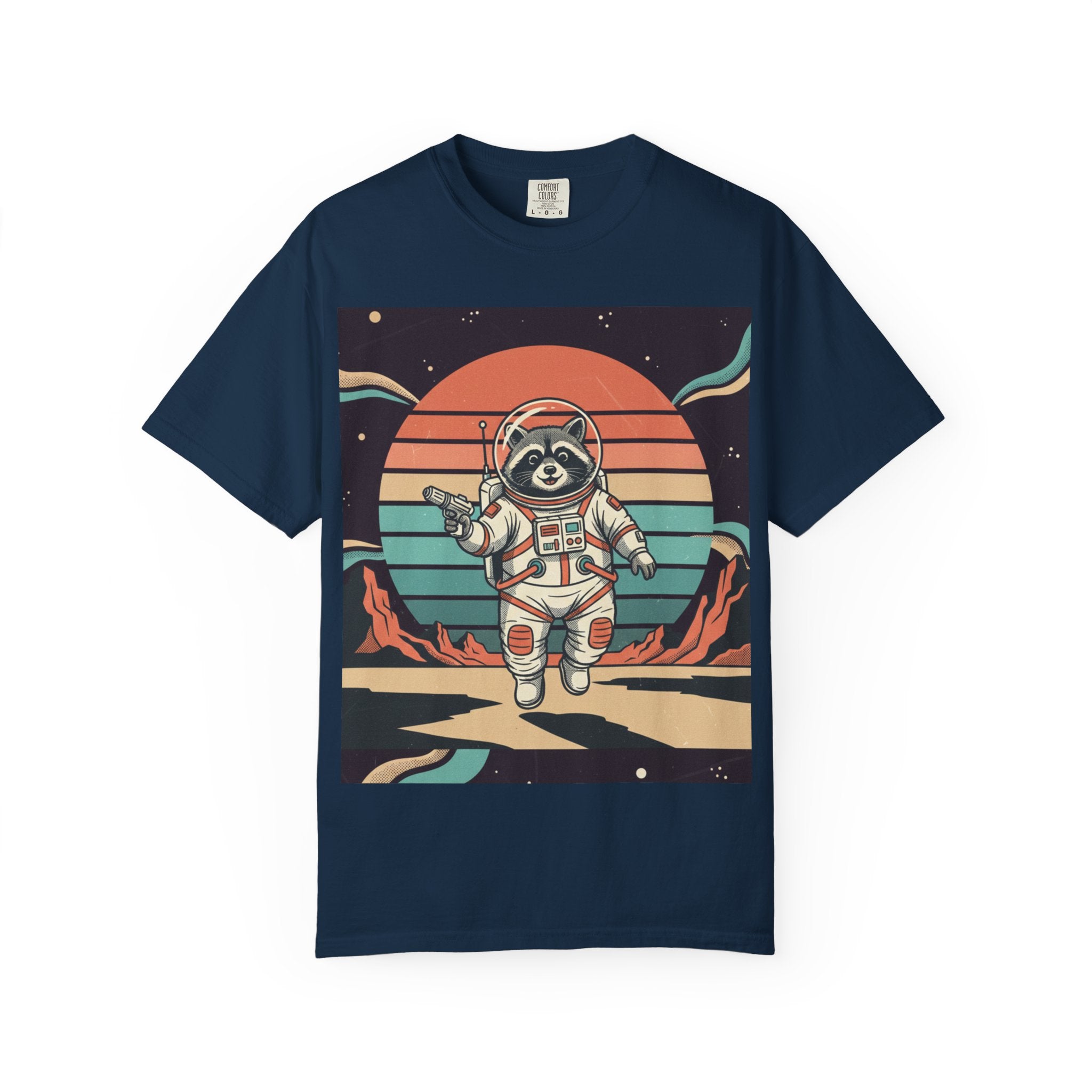 1970s Retro Raccoon Astronaut T-Shirt – Vintage Desert Canyon Sci-Fi Graphic Tee