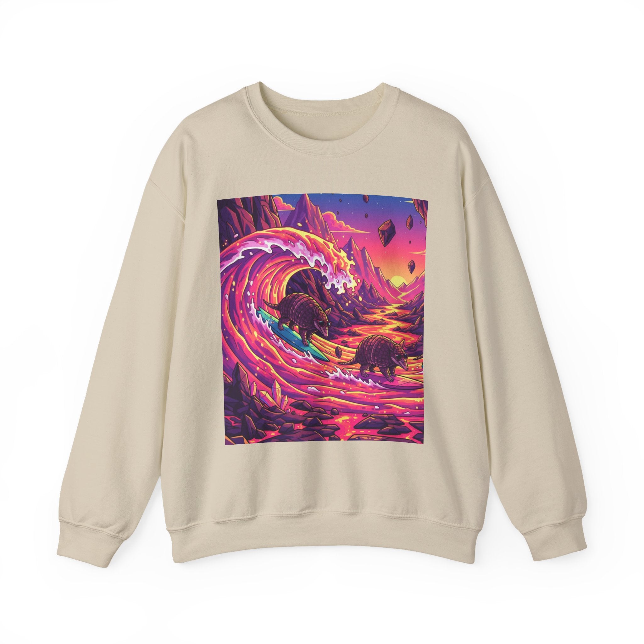 Armadillo Family Surfing Neon Lava Crewneck Sweatshirt – 80s Low-Poly Sci-Fi Illustration