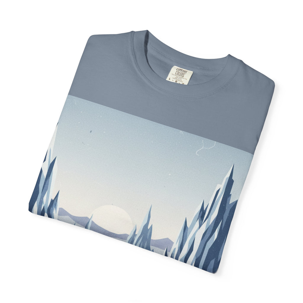 Arctic Sunrise Landscape T-Shirt — Minimal Mountain & Frozen Lake Graphic Tee