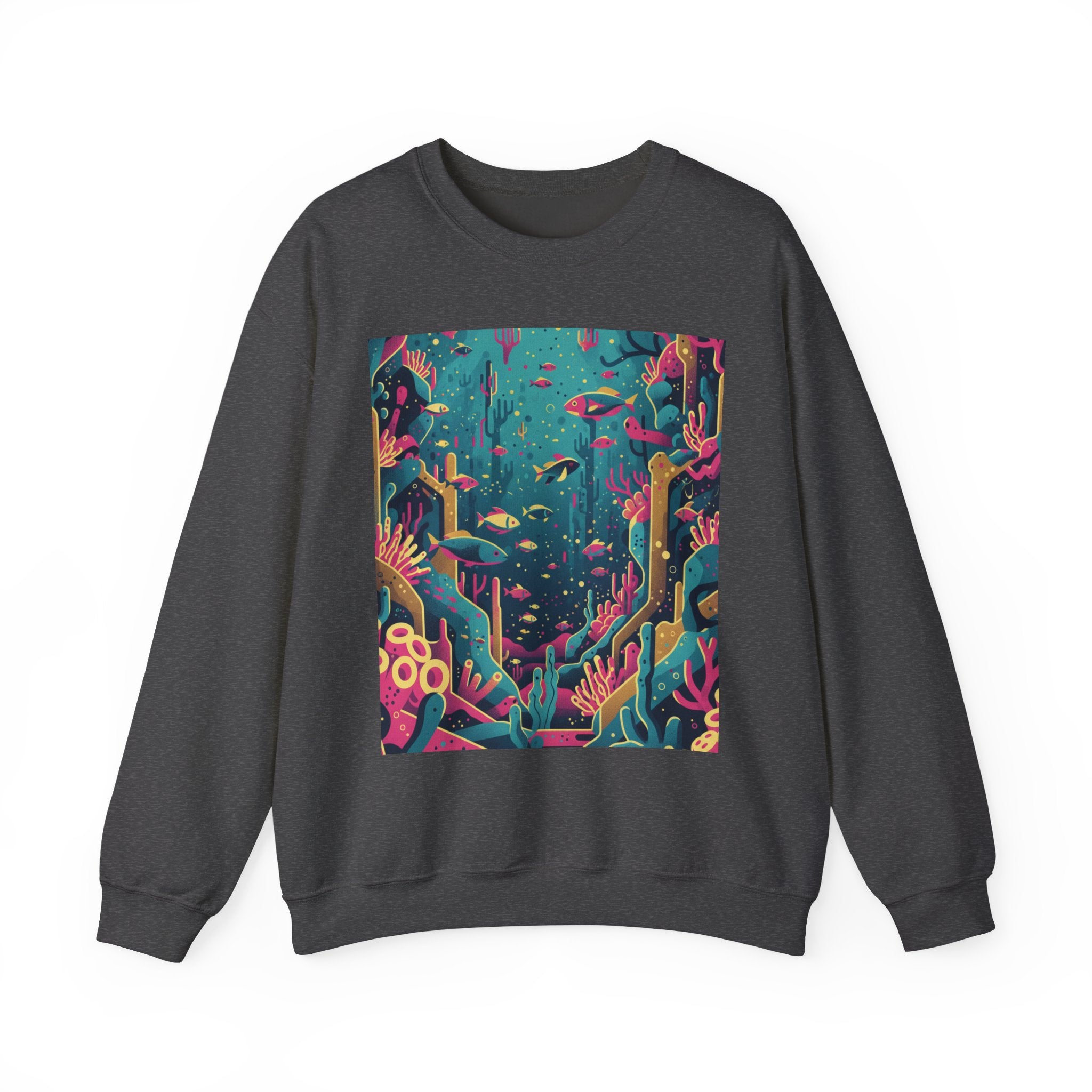 Alien Coral Reef Crewneck — Surreal Glowing Corals and Neon Fish Design