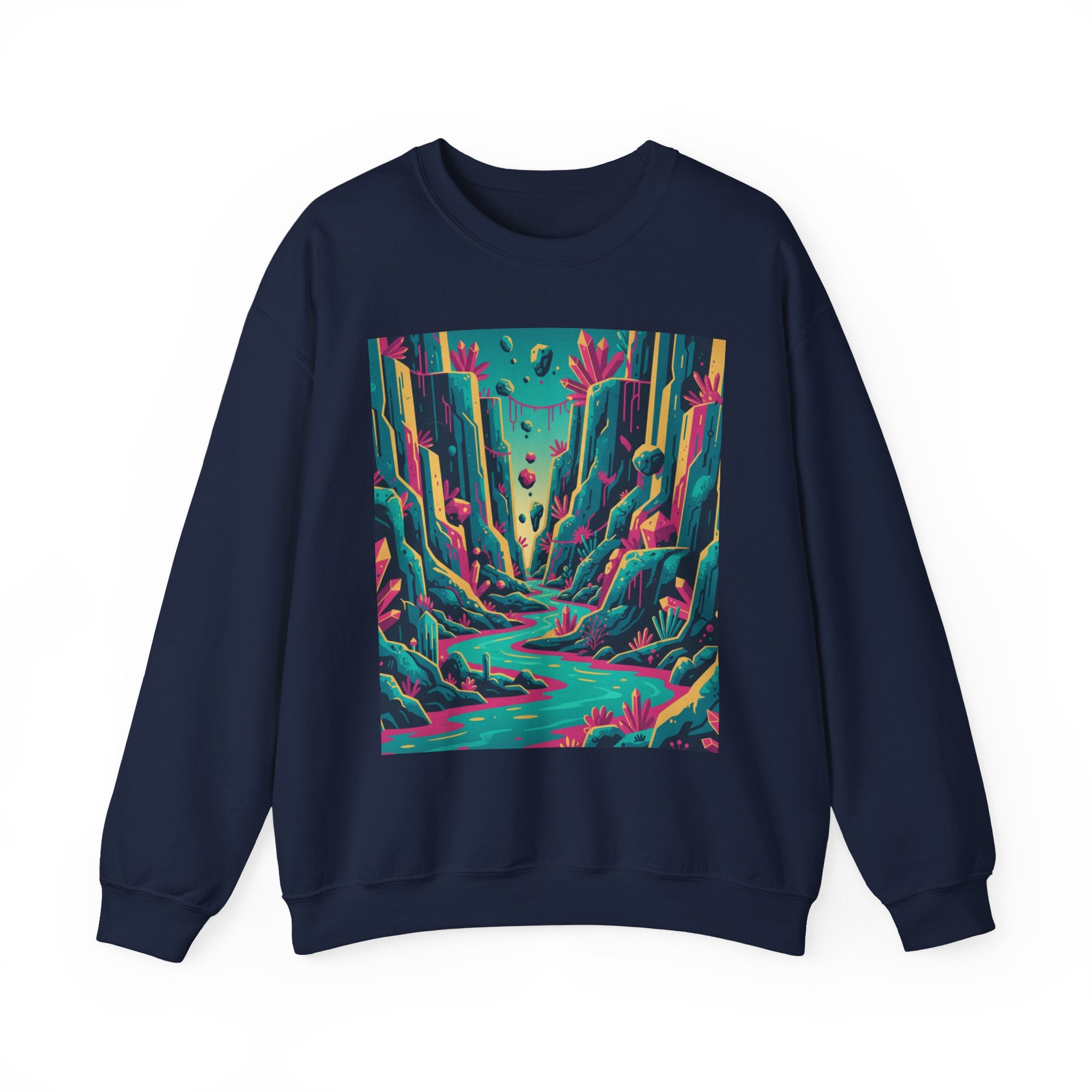 Alien Canyon River Crewneck — Surreal Glowing Cliffs and Neon Water